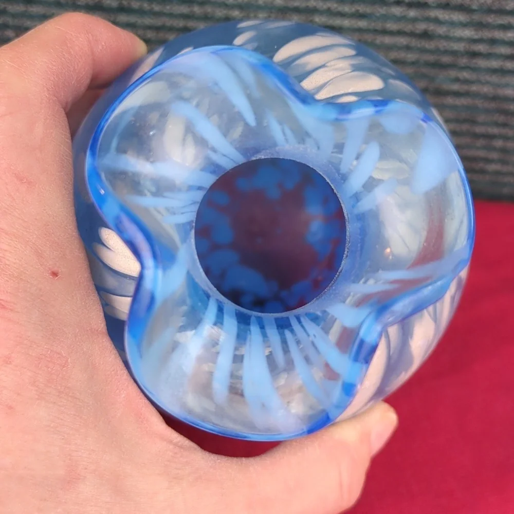 Vintage Hand Blown Blue And White Bud Vase 6.5